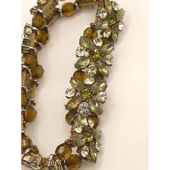 Vintage Rhinestone & Bead Flex Bracelet Gold-Tone Green/Brown Floral Design - Picture 5 of 7